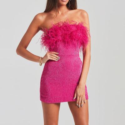 China HL Manufacturer Anti-wrinkle summer high quality designer bodycon strapless dress women party feather mini dress custom made Y2K for sale