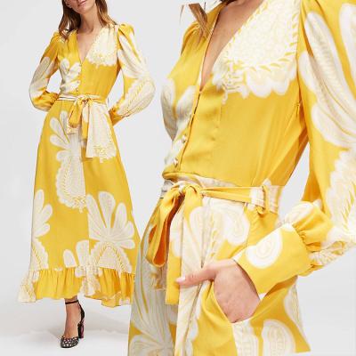 China wholesale custom made designer Anti-wrinkle maxi dresses women yellow floral maxi dresses women spring cotton beach boho puff sleeve dress for sale