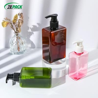 China 280ML Transparent Shampoo Bottle Square Flat Plastic Lotion Spray Bottle Screen Printing for sale