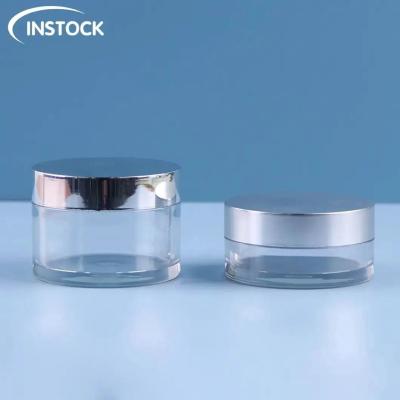 China Empty Cosmetic Container With Bright Sliver Lids Packaging Jars 1oz/50ml Face Plastic Cream Cans for sale