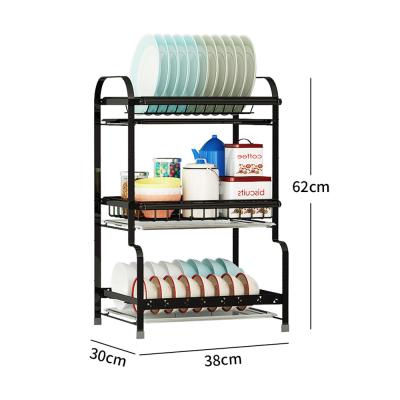 China 3 Tier Modern Black Multifunctional Standing Type Stocked Kitchen 201 Stainless Steel Dish And Bowl Rack for sale