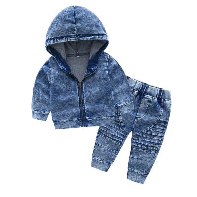 China Fashionable Pieces Setelan Baju Anak Comfotable Jumpsuits 2 Washed Hoodies Denim Kids Baby Suits Jeans Boys Clothing Sets for sale