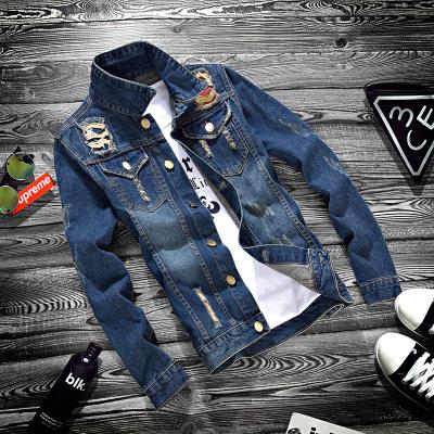 China Spring and Autumn Gents Chaquetas Mezclilla Blue Reversible Slim Fit Slim Fit Comic Teen Denim Ripped Hole Jacket Collar for sale