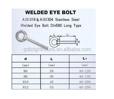 China Stainless Steel 304 Or DIN580 Long Eye Stainless Steel 316 Type Bolt for sale