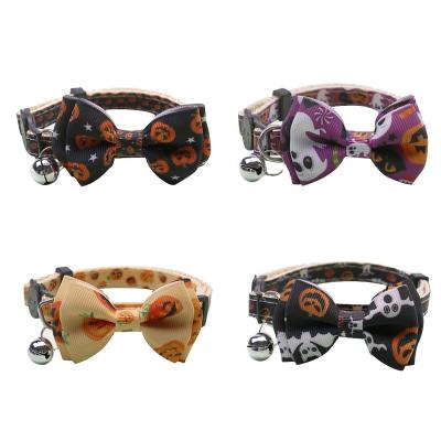 China Cute Viable Halloween Pet Collar With Bowtie Pumpkin Ghost Pet Dog Neck Collars With Bells Adjustable Dog Cat Collar for sale