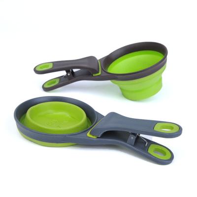 China Viable 3 in 1 Scoop Sealing Clip Measuring Cup Pet Cat Silicone Dog Food Water Multifunctional Collapsible Bowl for sale