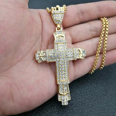 China Environmental Friendly Pvd Plated New 18K Gold Stainless Steel Hip Hop Jewelry Religious Diamond Cross Pendant Necklace Men Wholesale for sale