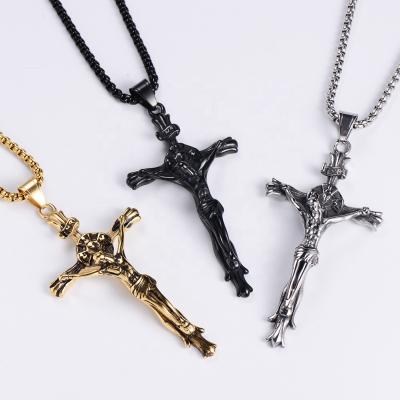 China Punk Mens Chain Black Gold Filled Stainless Steel Fashion Jesus Pendant Necklace Simple Cross Accessories For Man for sale