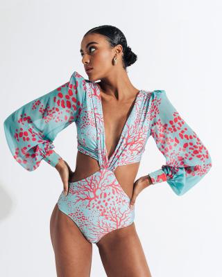 China New Arrival JSN9202034 Breathable Breathable One-Piece Copy Mesh Long Sleeves High Core Digital Reused Swimwear Fabric Without Back Cut for sale