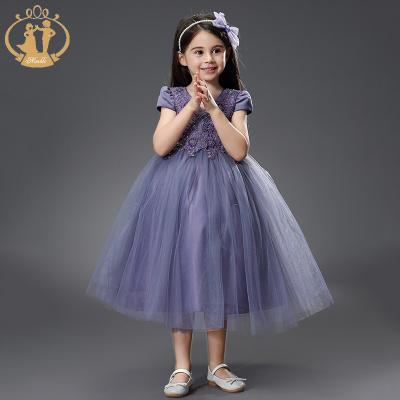 China Anti-Static Nimble World Child's New Design Baby Clothes Floral Ivory Purple Children Party Wear Dress for sale