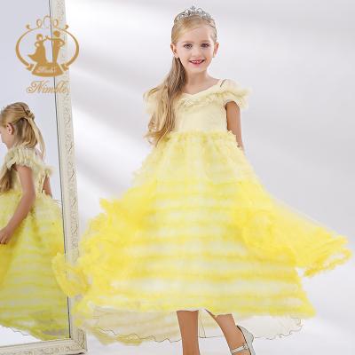 China Nimble Ruffle Kids Clothes Maiden Kids Party Wear Fashion Show Latest Fancy Embroidered Flower Dress for sale