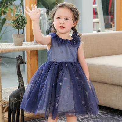 China Anti-Wrinkle Hot Selling Sequin Starry Blue Star Printed Sleeveless Fluffy Skirt Girls Party Birthday Wedding Dress for sale