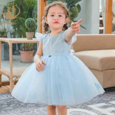 China Hot Selling Anti-wrinkle Light Blue Glitter Printing Flying Sleeve Babies Dress Princess Dress for sale