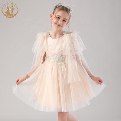 China 2019 new fashion color knee length feathes sleeve design anti-static bridesmaid floral puffy dress anti-static kids dress for sale