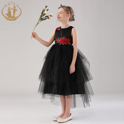 China Viable Agile New Design Style Rose Embroidered Black Girls Long Classic Dress for sale