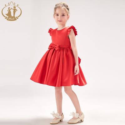 China Anti-wrinkle simple design bow belt decoration satin ball gown red girl dress for sale