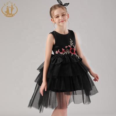 China Imported high quality wholesale anti-static sleeveless black flower satin latest party wear dresses for girls for sale