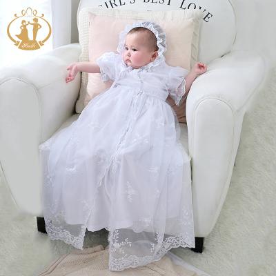 China Breathable Nimble Babies Lace Up Long Baptism Dress White Color With Long Bow Embroidered Baby Baptism Wear for sale