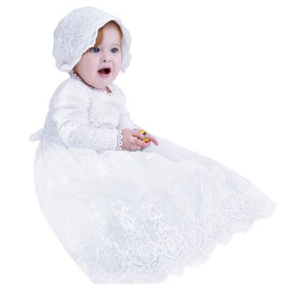 China Anti-wrinkle long sleeve vintage lace flower baby infant baptism dress with hat lace dress newborn girls baptism dresses for sale