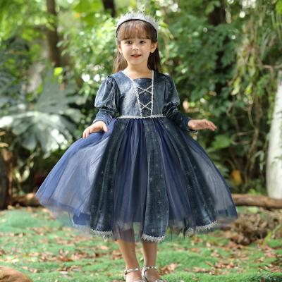 China Cotton Blend Princess Baby Long Prom Wear Jasmine Clothes For Kids Girls Anna Elsa Dress Girl Party Winter Sleeve Foil Print Dress for sale