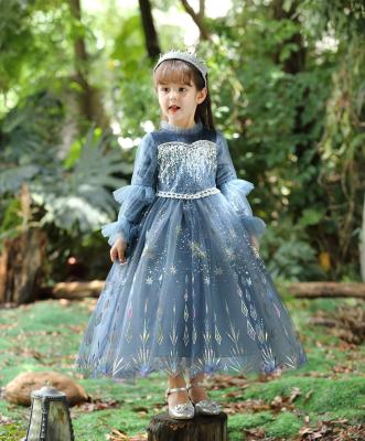 China Anna Elsa Dress Princess Belle Girl Winter New Arrival Foil Print Long Sleeve Cotton Blend Frozen Toddler Wedding Dress for sale