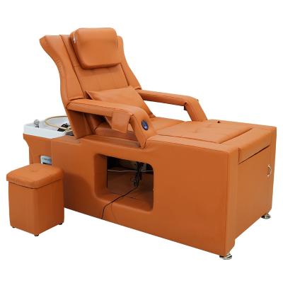 China Modern Electric Shampoo Head And Foot Massage Bed PU Orange Leather Fix Salon Shampoo Bed Wash Furniture for sale