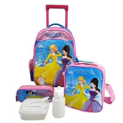 China Hot Selling 16Inch Polyester Child Trolley School Bags Double Shoulder Cartoon Trolley Bag For Girls for sale