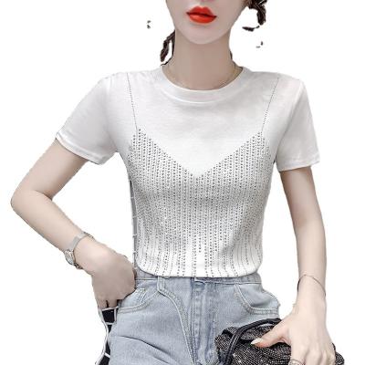 China Vintage Trendy Women Summer Short Sleeve Beaded T Shirt Ladies Simple Design Casual Tops for sale