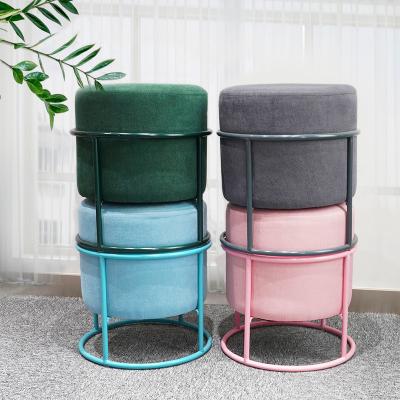 China 2021 Modern Storage Custom Furniture Velvet Green Chair And Round Footstool Pouf Stool Sofa With Metal Foot Stool for sale