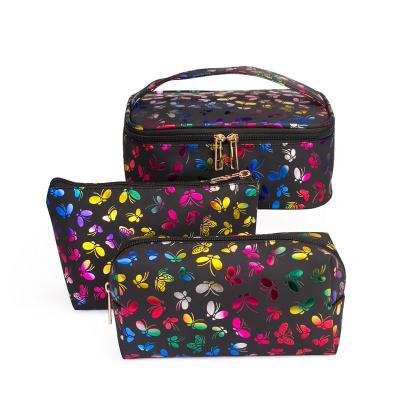 China 2021 Dongguan Beauty butterfly printing portable makeup storage bag 3 in 1 travel cosmetic bags set Te koop