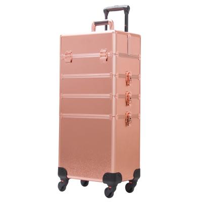 中国 Makeup Train Case Professional Makeup Case Aluminum Cosmetics Storage Organizer Trolley Rolling Wheels with Drawer 販売のため