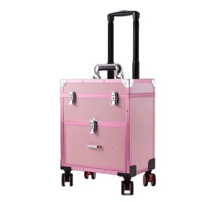 中国 Aluminum rolling profesional artist makeup case with extendable trays and lever universal wheel cosmetic suitcase 販売のため