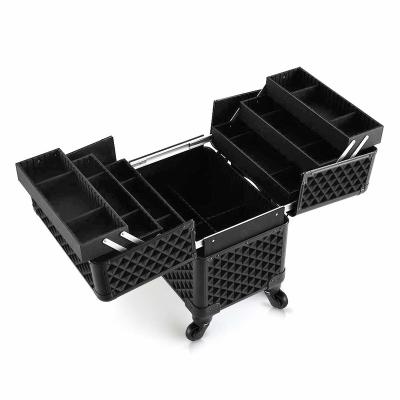 China Aluminum Black Diamond Pattern Makeup Case Folding Trays And Rolling Universal Wheels Cosmetic Storage Organizer Trolley Box for sale