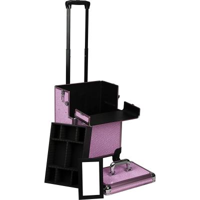 중국 4-in-1 Aluminum Frame Rolling Makeup Train Cases Trolley with 4-wheel and 2 Keys Artist Beauty Train Case Cosmetic 판매용