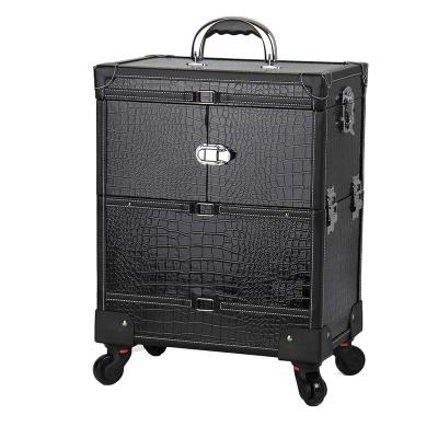 China Wheel Pro Aluminum Rolling Makeup Cosmetic Train Case Lockable Wheeled Box for sale