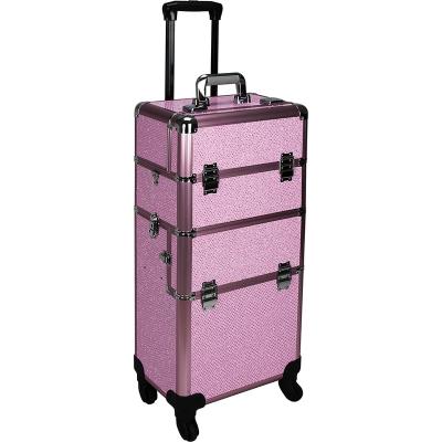 China Aluminum Rolling Cosmetic Makeup Train Case Beauty Professional 4 Removable Wheels Rolling Aluminum Cosmetic Case Trolley for sale