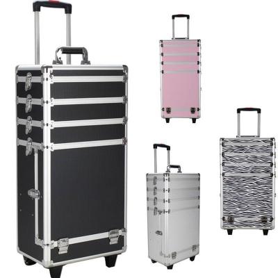 중국 4-in-1 Rolling Makeup Train Case Lift Handle 4 Removable Wheels Lockable Keys Aluminum Cosmetic Trolley Case 판매용