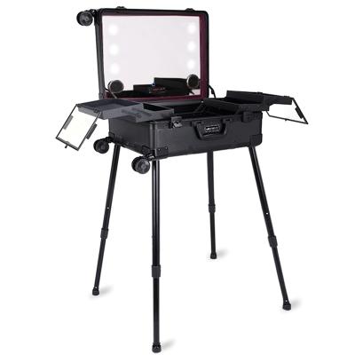 China Rolling Studio Professional Beauty Trolley Lighting Aluminum Makeup Case with Adjustable Stand Legs and Chair Te koop