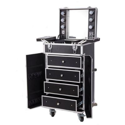 China 2022 New Professional Wood Makeup Cabinet Trolley Case With Lighted Mirror for sale