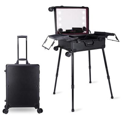 Κίνα Professional rolling aluminum makeup case with led lights and mirror Trolley makeup station beauty Train case on wheels προς πώληση