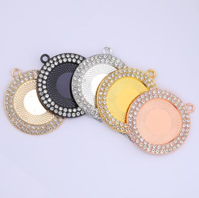 China High Polished Silver/Gold Shiny White Rhinestone Round Pendant Charm Empty Finding 30mm Cabochon Cameo Base Setting Tray Bezel for sale