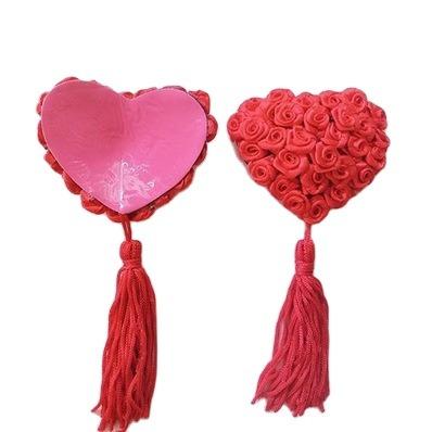 China Antibacterial Sexy Heart-shaped Self-adhesive Self-adhesive Nipple Stickers Tassel Red Rose Nipple Cover for sale