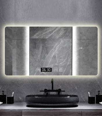 China Custom 3d Mirror Oversized Touch Screen Hotel Bathroom Magnifying Magnifying Demister Bathroom Time-Temperature Mirror With Led for sale