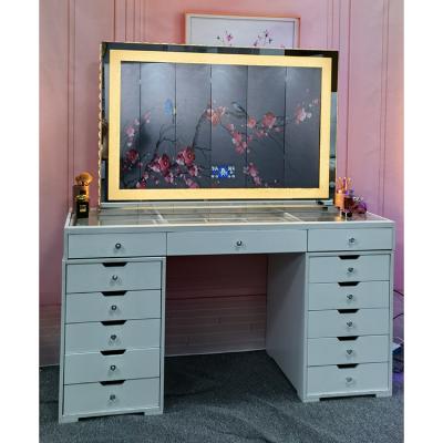 China Changing Makeup Lighted Crystal Mirror Dressing Table Desk Square Diamond Vanity Led Mirror Color Touch Screen Light Mirror for sale