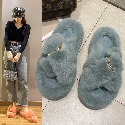 China Fashion trend new style thick-soled fur slippers for autumn and winter women's wear outer belt buckle cotton uni-term slippers for sale