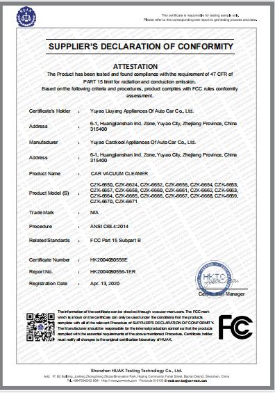 FCC - Yuyao Liuyang Appliances Of Autocar Co., Ltd.