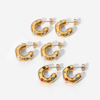 China TRENDY Quick delivery gold-plated stainless steel inlaid with colorful zircon hammer pattern C earrings for sale