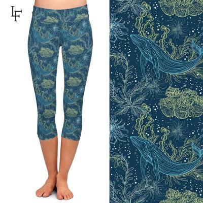 China Custom Made 92% Polyester 8% Spandex High Waist Women Capris Yoga Breathable Sexy Ladder Marine Flora Dolphins Printed Soft Fabric Leggings for sale