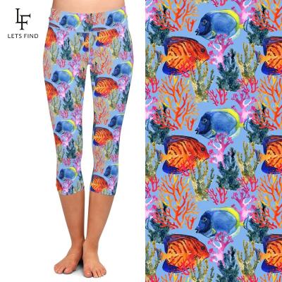 China High waist women capri leggings breathable sexy custom fish printed 230gsm double brushed milk silk yoga pants sewn leggings for sale