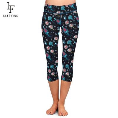 China High waist women capri leggings breathable custom sexy jellyfish printed 230gsm double brushed milk silk yoga pants sewn leggings for sale